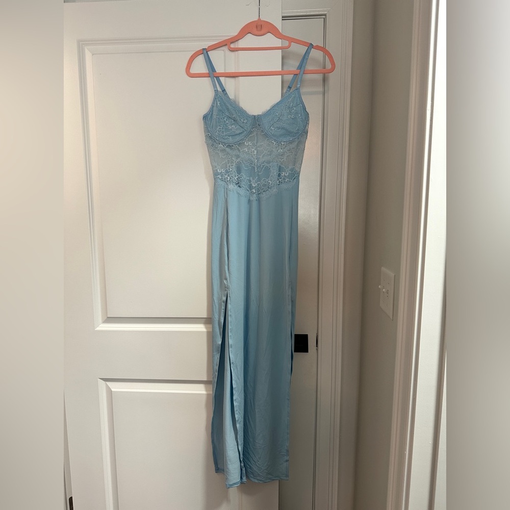 Blue Flowy Lace Maxi Dress